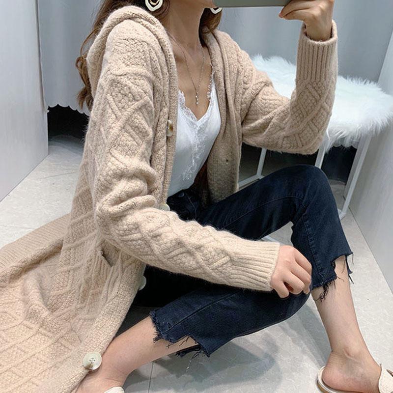 Autumn and Winter Knitted Cardigan Jacket Mid-length Over The Knee Loose Hoodie Thick Casual Women's Top