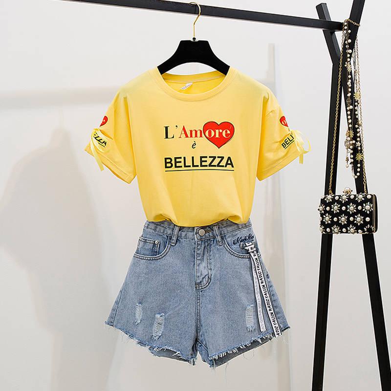 Pofulove Women Soft High Quality O-Neck Cotton Letter T-Shirt+High Waist Denim Shorts Two Piece Suit