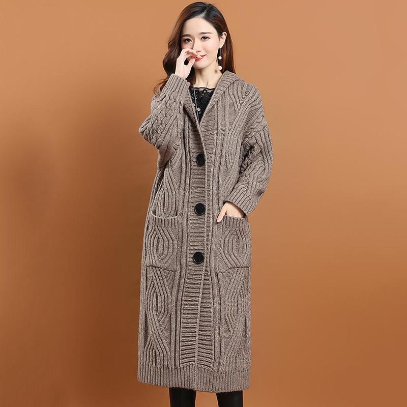 Hooded Knitted Cardigan Women's Outer Wear Autumn and Winter Long Loose Large Size Solid Color Sweater Jacket