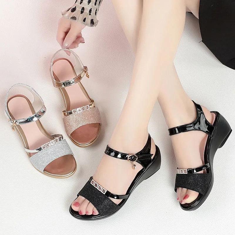 Leather Sandals Women's Open Toe Wedge Roman Shoes Women's Summer Thick Mid-heel All-match Soft Bottom Ladies Sandals