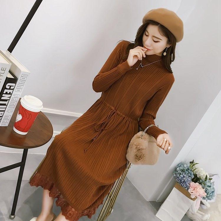 Women Dress Knitted Long Dress Lace Turtleneck Women Sweater Drawsting Robe Pleated Dresses