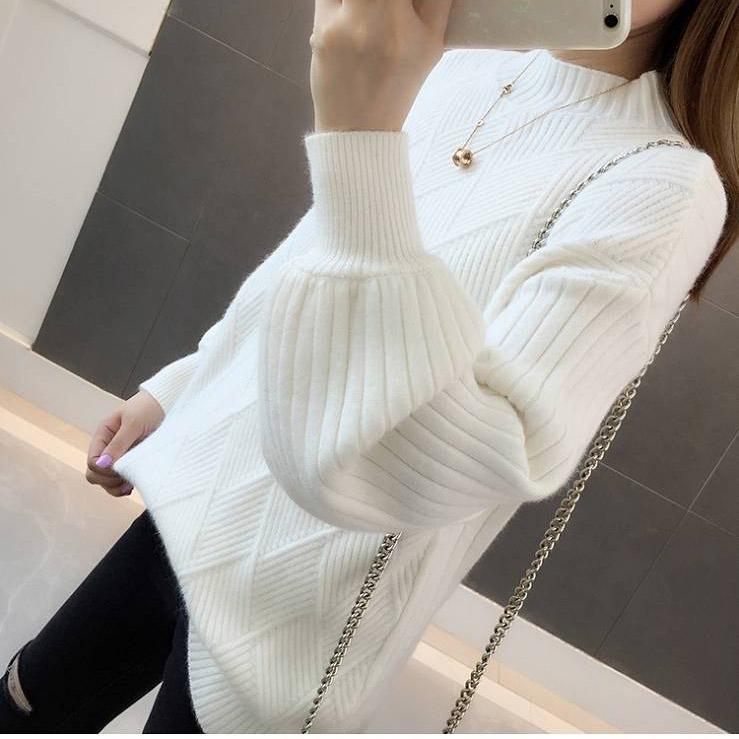 Casual Turtleneck Sweater Woman Winter Knitting Pullovers Lantern Sleeve Knitted Solid Jumper Women