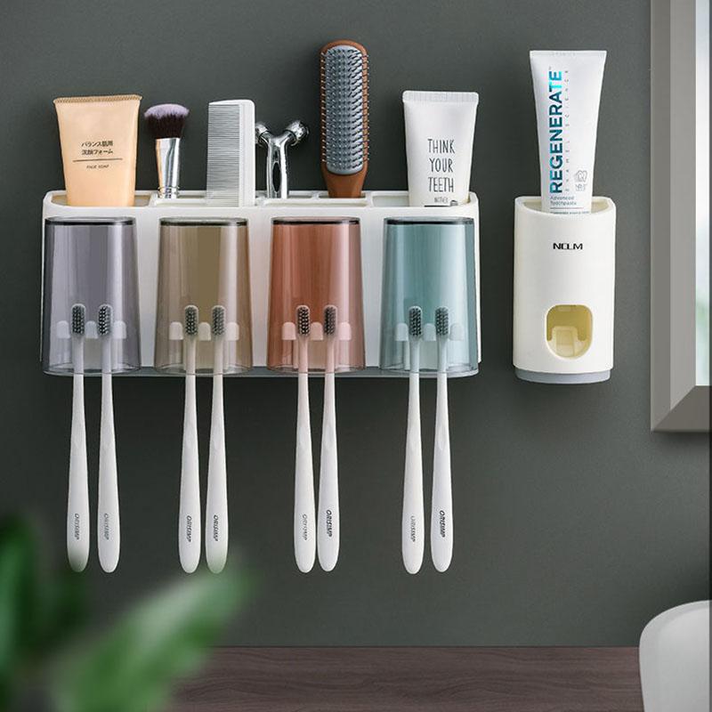 Toothpaste Dispenser Wall Mount Dust-proof Toothbrush Holder Wall Mount Storage Rack Bathroom Accessories Set Squeezer