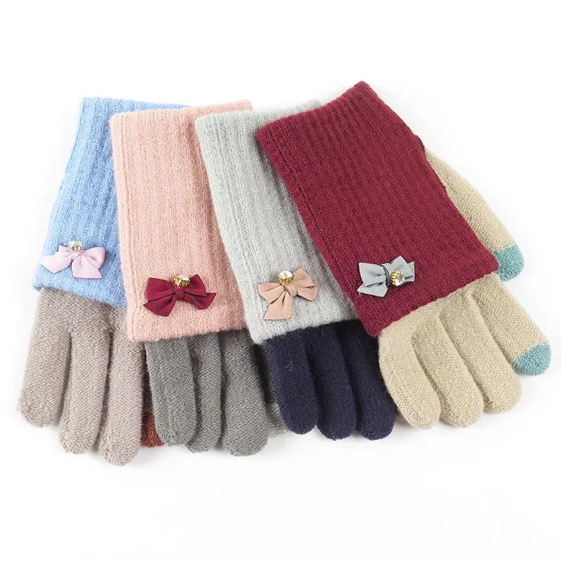 Women's Winter Knitted Touch Screen Gloves Thickened Warm Five-finger Cute Bowknot Woolen Riding All-match Mittens Hand Wrist Warmer