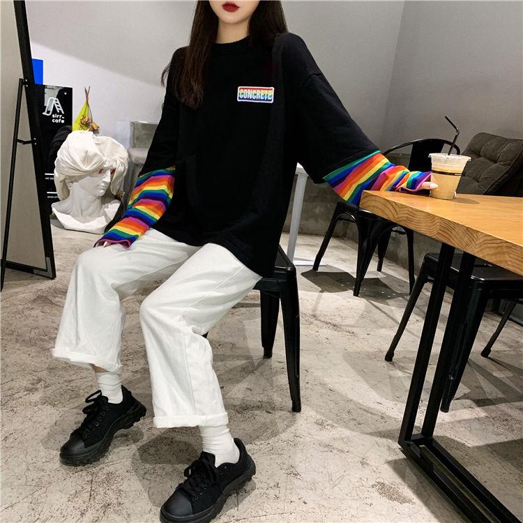 Spring Autumn Women Harajuku Long Sleeve Rainbow O-Neck T-Shirts  Casual Striped Femme Black Tops Pullover