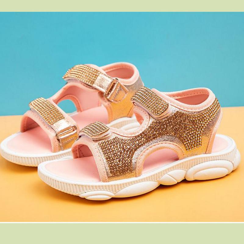 Girls Summer Bright Diamond Sandals Little Girls Children Students Flat Princess Shoes Soft Bottom Baby Beach Breathable Lightweight Shoes