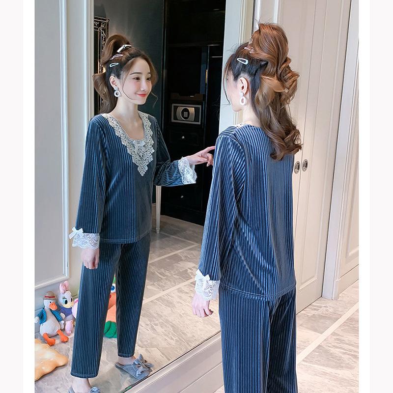 Winter Large Size Gold Velvet Pajamas Set Women's Lace Long-sleeved Sweet Home Wear Two-piece Loose Striped Square-neck Sleeping Suit