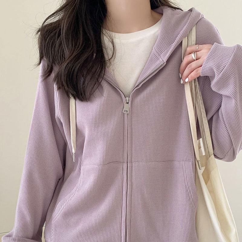 Schoolgirls Thin Long Sleeve Hooded Sweater Cardigan Jacket Waffle Sweater Ladies Zipper Jacket Top Casual Loose Coat