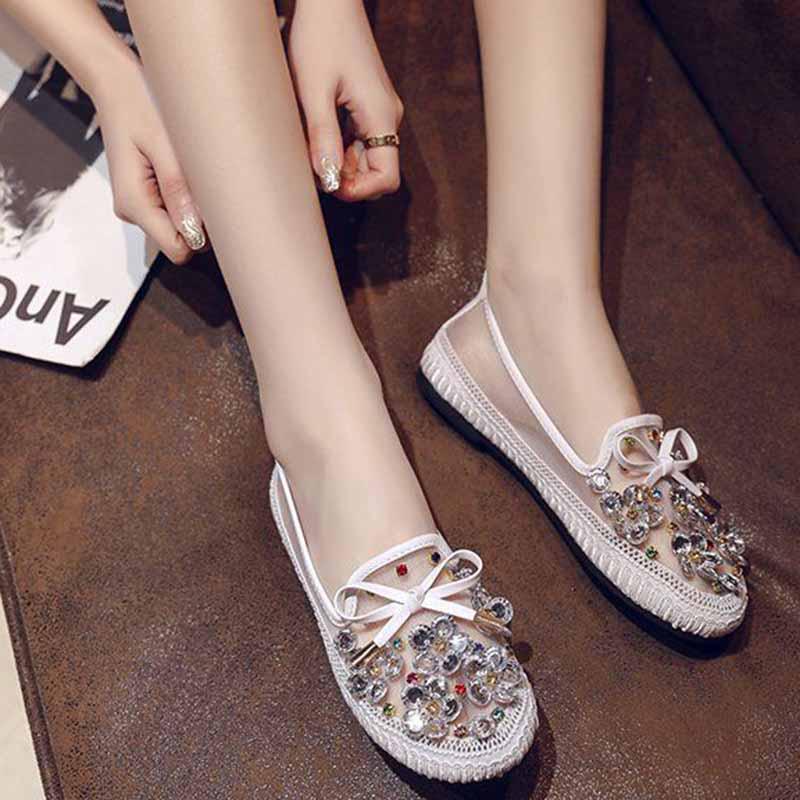 Plus Size 36-40 Summer Women Outdoor Letter Flat Bohemian Beach Wear-resistant Non-slip Office Lady Beaded Shoes