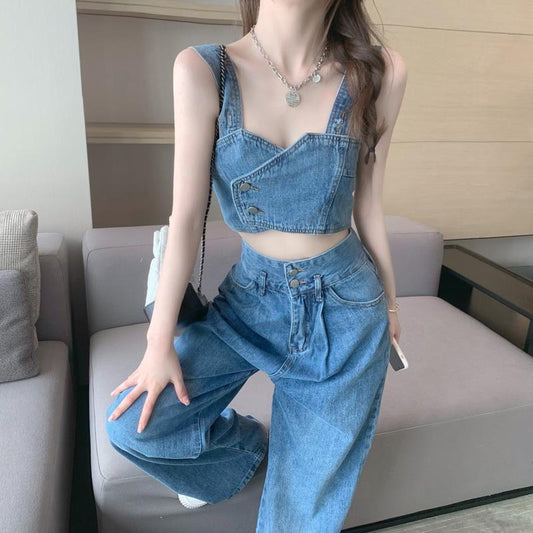 2PCS Denim Suit Women's Short Small Camisole Tube Top Top + Mopping Trousers High Street Two-piece Elegant Ladies Suit