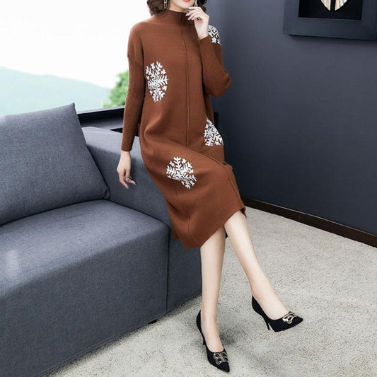 Autumn and Winter Plus Size Knitted Dress Loose Mid-length Skirt Long-sleeved Base Skirt Snowflake Pattern Middle-aged Women Sweater Dress