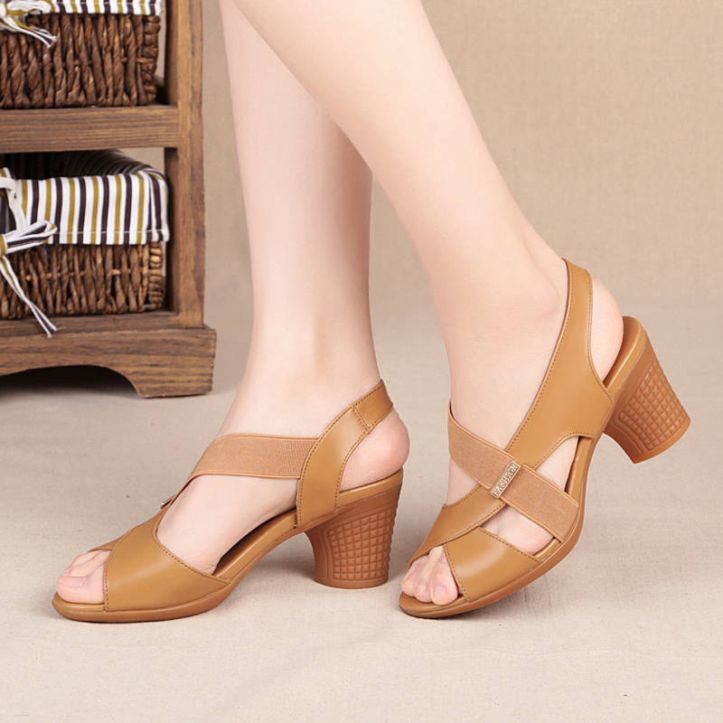 Mid-heel Sandals Women's Summer High-heeled Shoes Thick-heeled Fish Mouth Shoes Middle-aged and Elderly Comfortable Non-slip Soft Sole