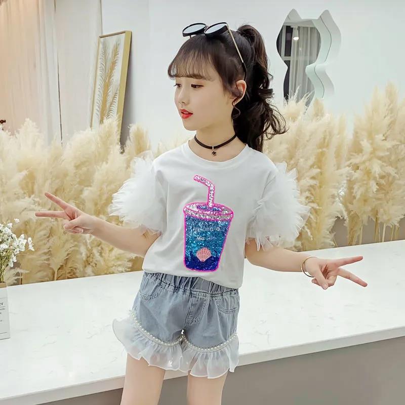 Girls Animal Print T Shirt Girl Tee Clothes Children Loose Sequins Cartoon Top for 3 4 5 6 7 8 Years Korean Kids Birthday Wear