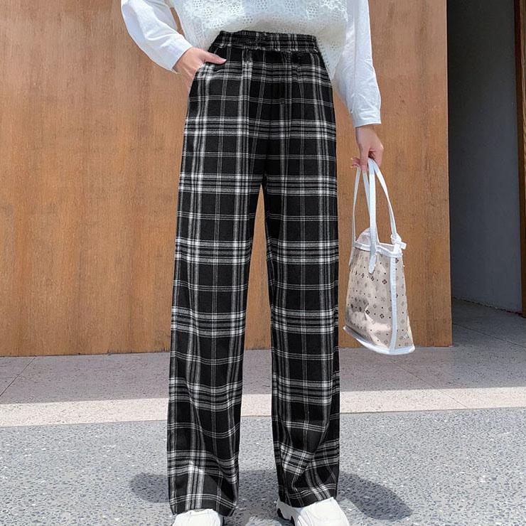 Women Spring Summer Long Pants Vintage High Waist Wide Leg Casual Pants Elastic Waist Loose Plaid Stripe Versatile Streetwear Straight Pants