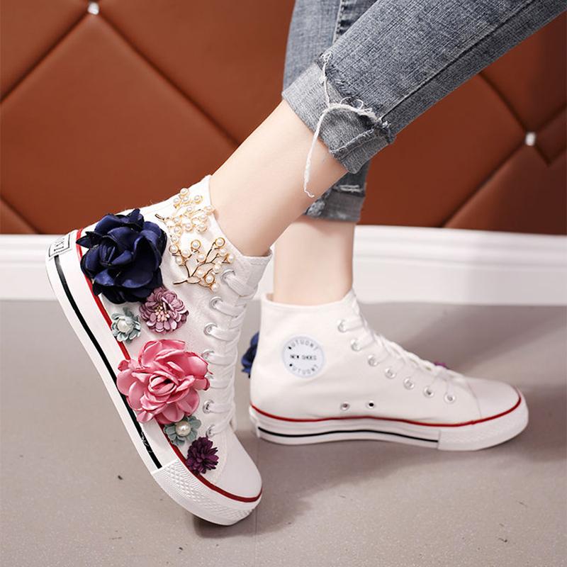 Popular Canvas Shoes Small White Shoes Women's High-top Handmade Custom Three-dimensional Flower Pearl Flat Casual Student Shoes