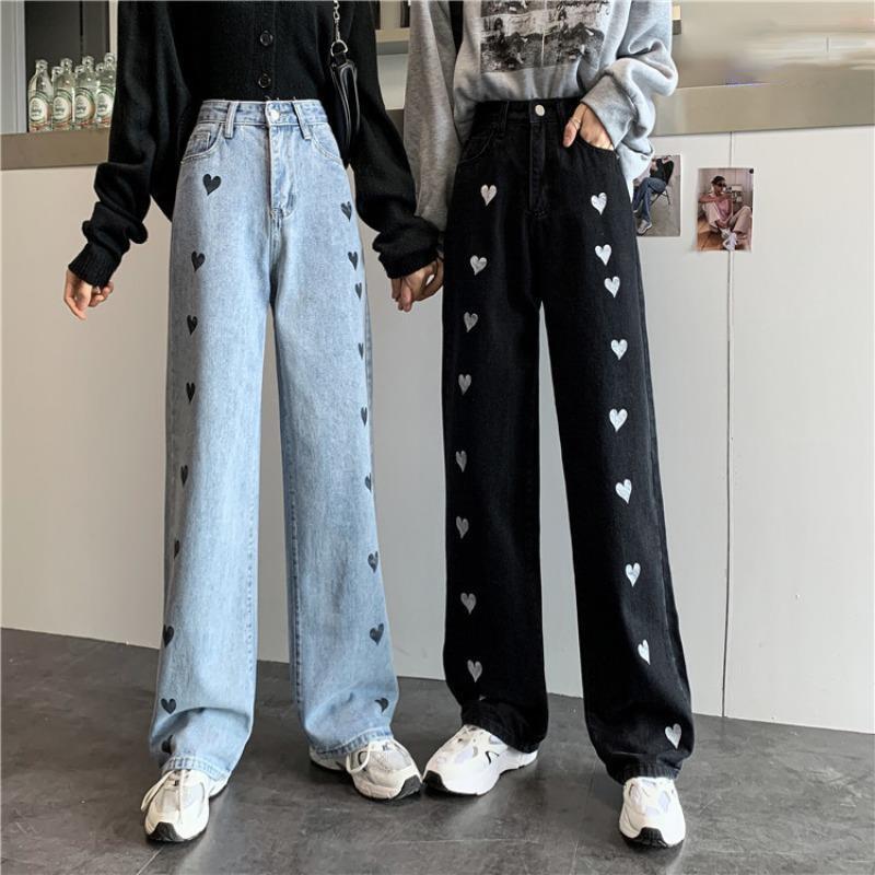 WTEMPO Heart-shaped Women's High Loose Casual Washed Denim Waist Wide Leg Pants Straight-leg Pants Super Long