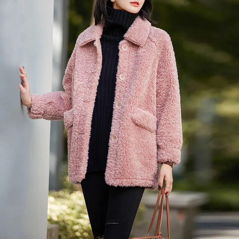 Jacket Women's Autumn and Winter Plus Velvet Thickening Mid-length Lamb Hair Lapel Loose Warm Cotton Jacket Cotton Jacket