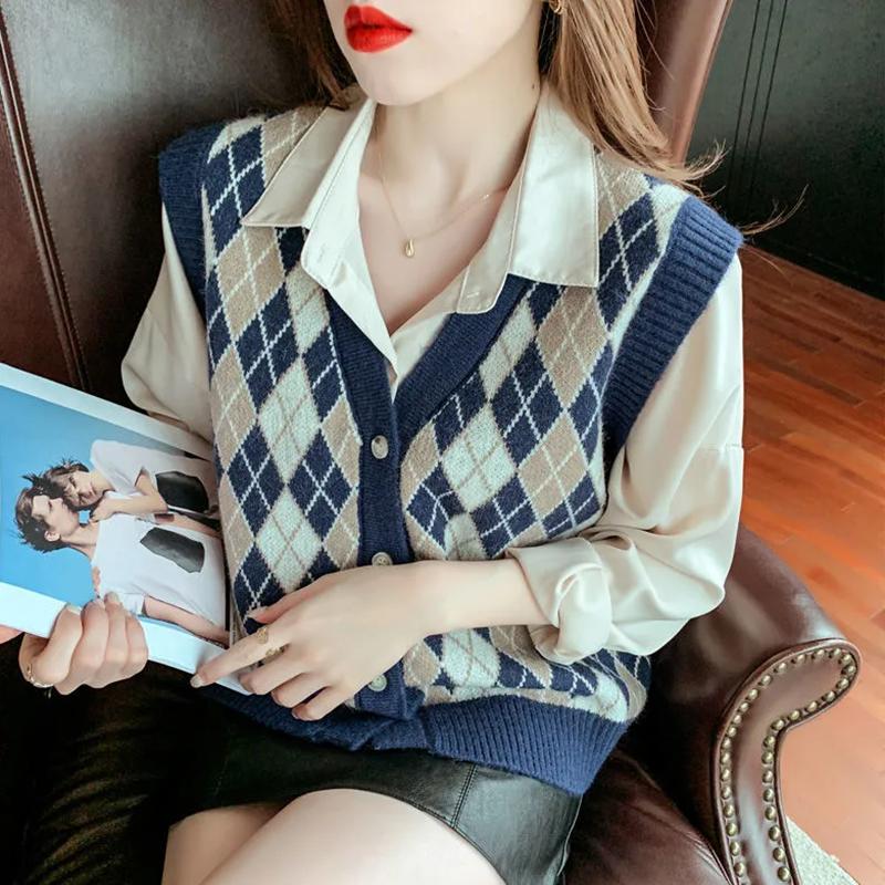 Women's Autumn Sweater Art British Style Hit Color Geometric Knitted Sweater Vest V-neck Loose Button Sleeveless Cardigan Waistcoat College Style