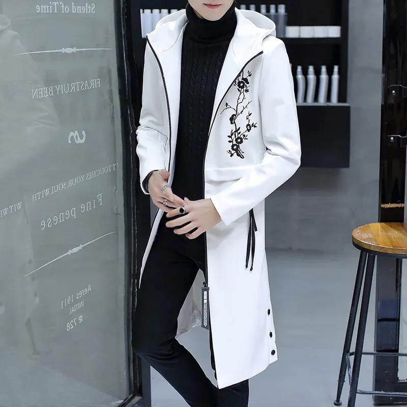 Men Leather Windbreaker Embroidered Floral Coat Stand Collar Casual Slim Jacket Trend Comfortable Parka Long