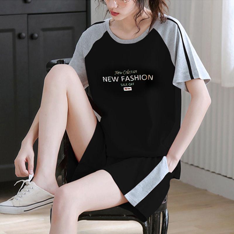 Sports Suit Home Service Pajamas Women's Summer Loose Short-sleeved Shorts Reduce Age and Slim Casual Two-piece Round Neck T-shirt + Shorts