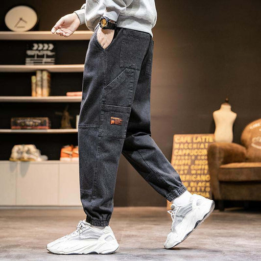 Men's Jeans Spring and Autumn Trend Casual Trousers Wild Tide Brand Drawstring Ankle Overalls