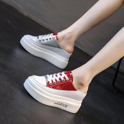 Casual High Heels Loafers Breathable Vulcanize Women Sneakers PU Round Toe Embroider Platform Wedge Tenis Feminino