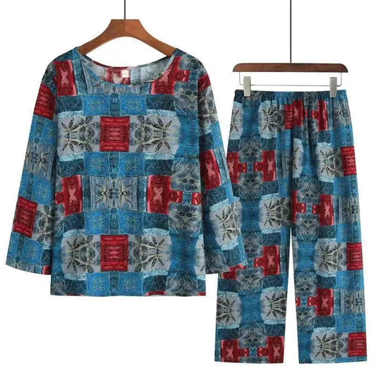 Mom Long-sleeved Retro Home Wear Set Women's Ethnic Floral Printing Pajamas Casual Middle-aged Elderly Large Size Loose Pajamas Two-piece Set