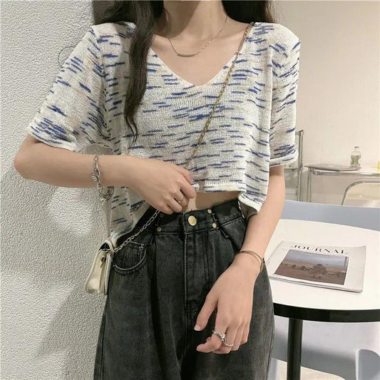 Women's Knitwear Summer Thin V-neck Hollow Out Short-Sleeve Shirt Temperament Short Loose Casual Striped Pullover Top Female Knitted Pullovers Top Tee