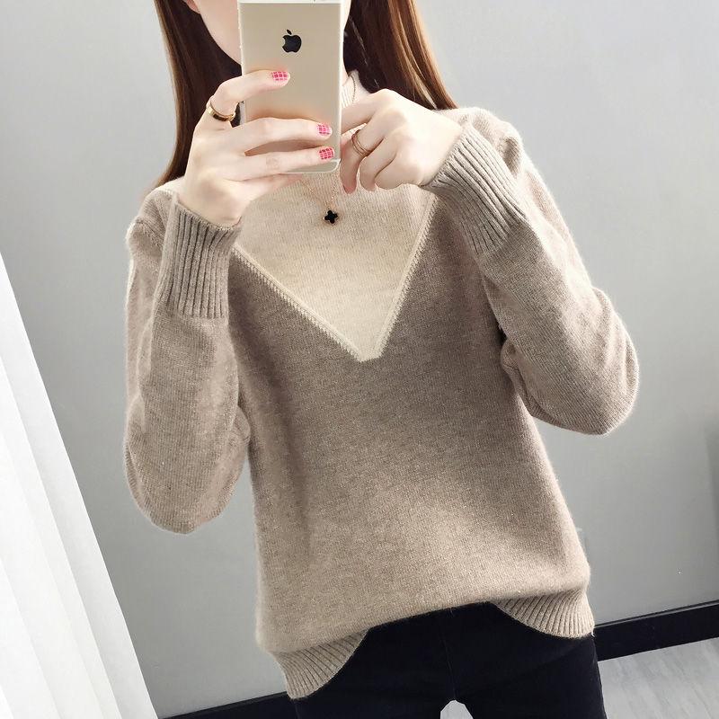 Pofulove Women Colorblock Round Neck Long Sleeve Slim Fit Warm Pink Pullover Undershirt Sweatshirts