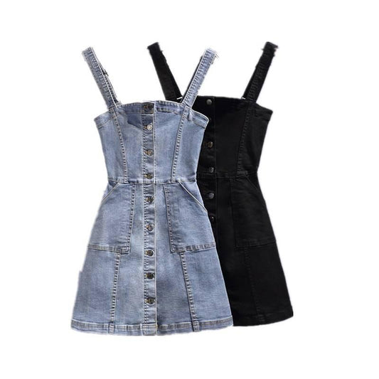 2 Color Denim Suspender Dress Single-breasted Slim Waist A-line Strap Skirt Package Hip Dresses