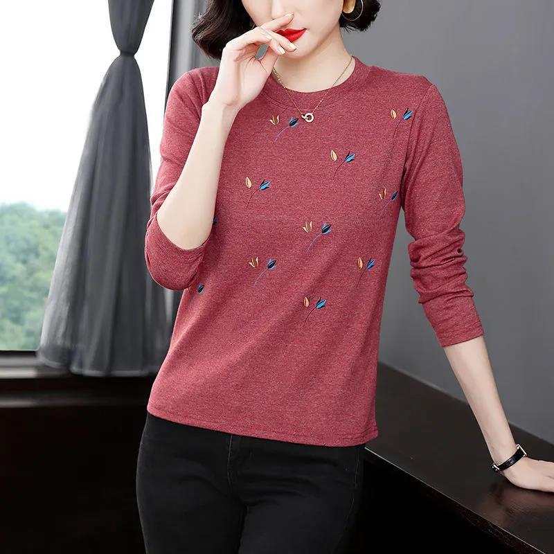 T-shirt Women's Long-sleeved Spring and Autumn Middle-aged Top Large Size Loose Thin Bottoming Shirt