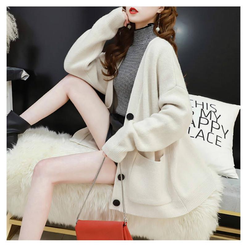 4 Colors Women Loose Cashmere Long Section V-neck Sweater Knitted Cardigan Button Jackes