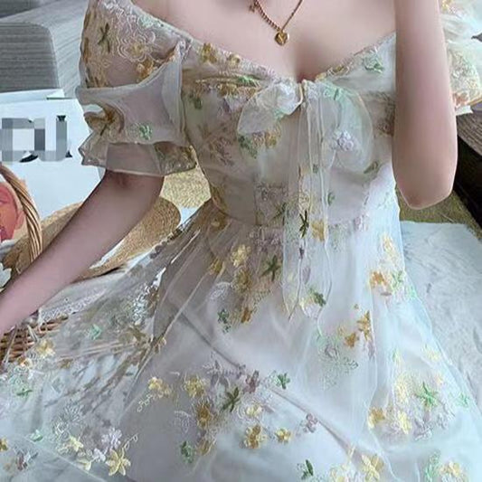 Prom Fairy Dress, Spring Formal Wedding Guest Dress, Korean Cute Milkmaid Dress, French Vintage Floral Cloth, Chiffon Mini White Dress