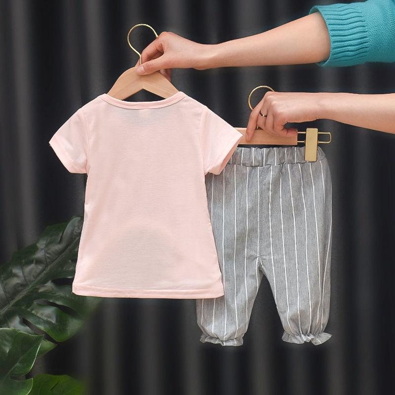 2PCS Children Clothing Set Spring Summer Girls Suits Printing Short Sleeve Tops + Pants Clothing Set