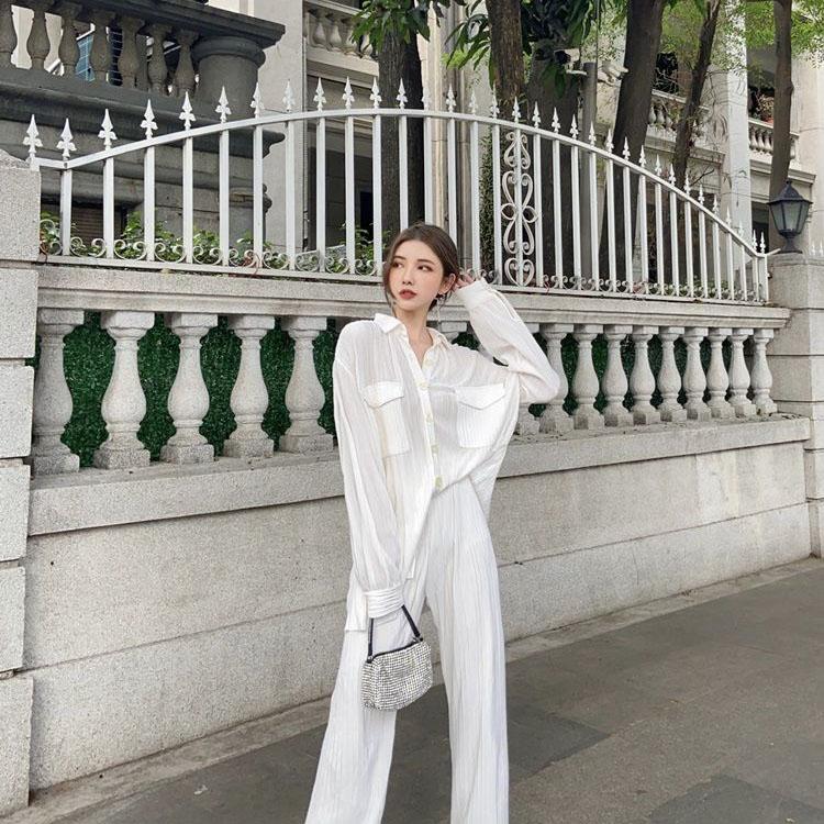 Women's Temperament Wide Leg Pants Set Vintage White Large Size Loose Casual Sunscreen Shirt Breathable Two-piece Set