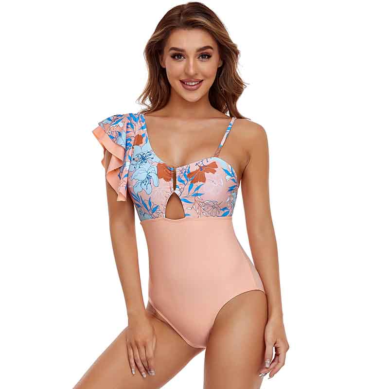 Splicing One Piece Swimsuit Feminine Fashion One Shoulder Lotus Leaf Beachwear Backless Swimsuit