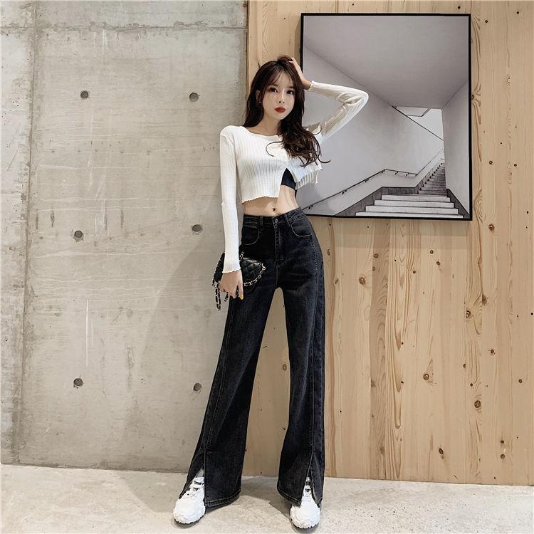 WTEMPO Split Jeans Women's High Loose Casual Washed Denim Straight Long Wide Leg Pants