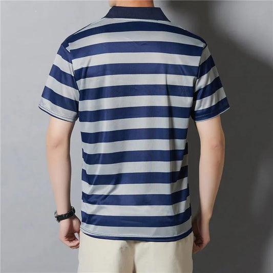 Dad's Short-sleeved T-shirt Summer Casual Loose Ice Silk Polo Shirt Men's Thin Lapel Striped Large Size Middle-aged and Elderly Tops