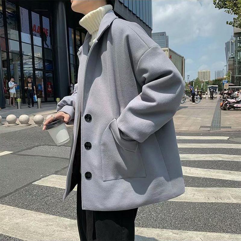 Men's Casual Windbreaker Medium and Short Woolen Thick Coat Tooling British Style Warm Long-sleeved Button Coat