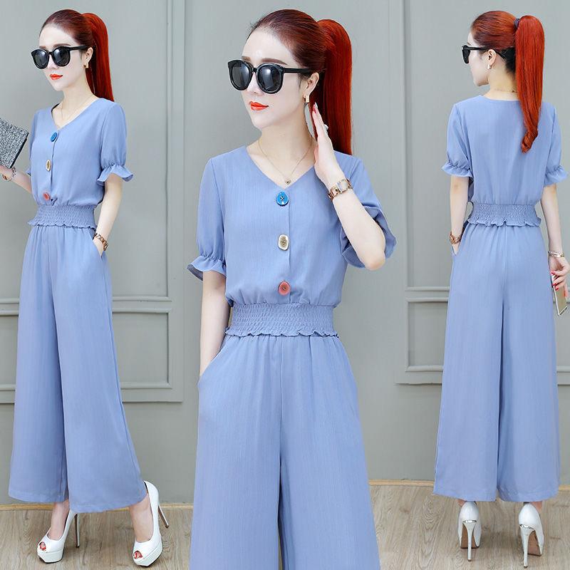 Wide-leg Pants Suit Chiffon Summer Casual Work Wear Loose Suit Women Short Top Loose Wide-leg Pants Fabric Light and Breathable