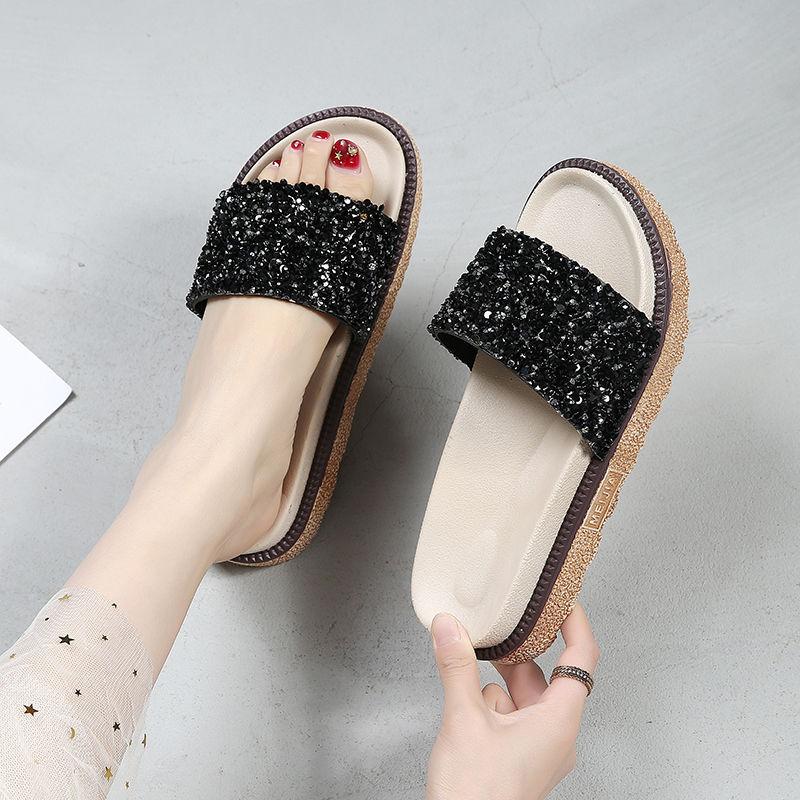 Slippers Women’s Summer Fashion Outer Wear Sponge Cake Thick Bottom Flip Flops Sequins Sandals Flat Sandals Beach Shoes