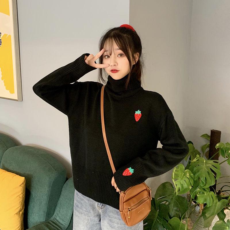 Autumn and Winter Fashion Loose Jacket Strawberry Embroidery Turtleneck Top Sweet Style Cute Female Sweater