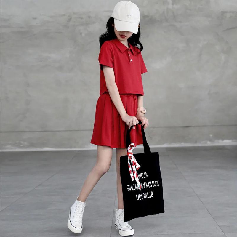 Girls' Suit Summer Thin T-shirt Short Skirt High Waist Two Piece Set Korean Style Loose Uniform Style Pleated Skirt