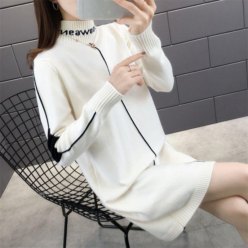 Autumn and Winter Half-high Neck Mid-length Sweater Dress Loose Casual Dress Fashion Knitted Women's Base Dress