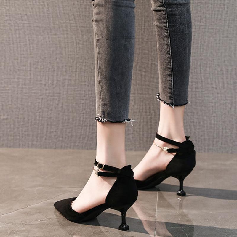 Spring  Summer Mid-heel 7cm High-heeled Shoes Women's Stiletto Pointed Toe Toe Sandals One-word Buckle Hollow Single Shoes