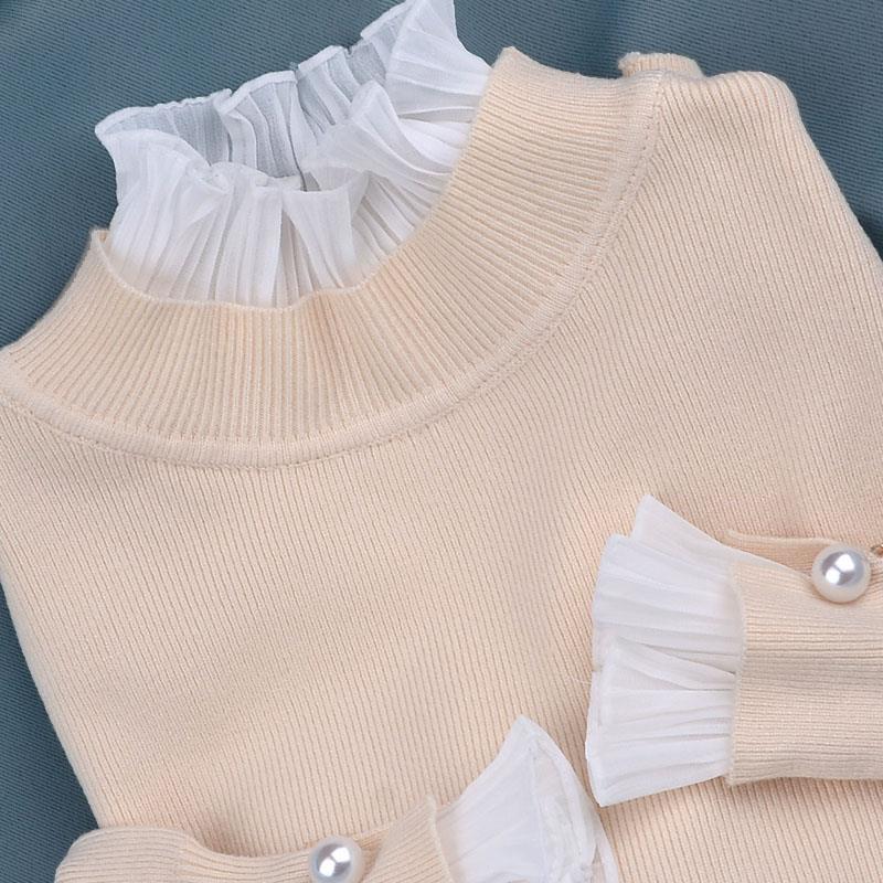 Ruffles Lace Stitching Collar Fake Two-piece Warm Sweater Female Thick  Pullover Sweater Short Stretch Slim Knitwear Bottoming or Outwear