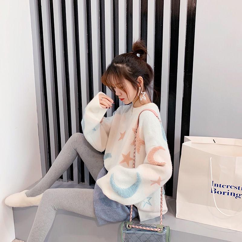 Stars and Moon Sweater Women Winter Loose Round Neck Long Sleeved Pullover Knitted Sweater