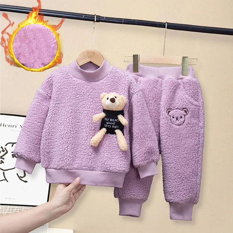 Girls Winter Thickening Sets Korean Baby Plus Velvet Children's Warm Cotton Two-piece Cartoon Suit Winter Clothing