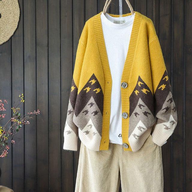 Women's Color Blocked Knitted Cardigan Women's Vintage Jacquard Weave Versatile Coat Casual  Large Size Knitted Sweater