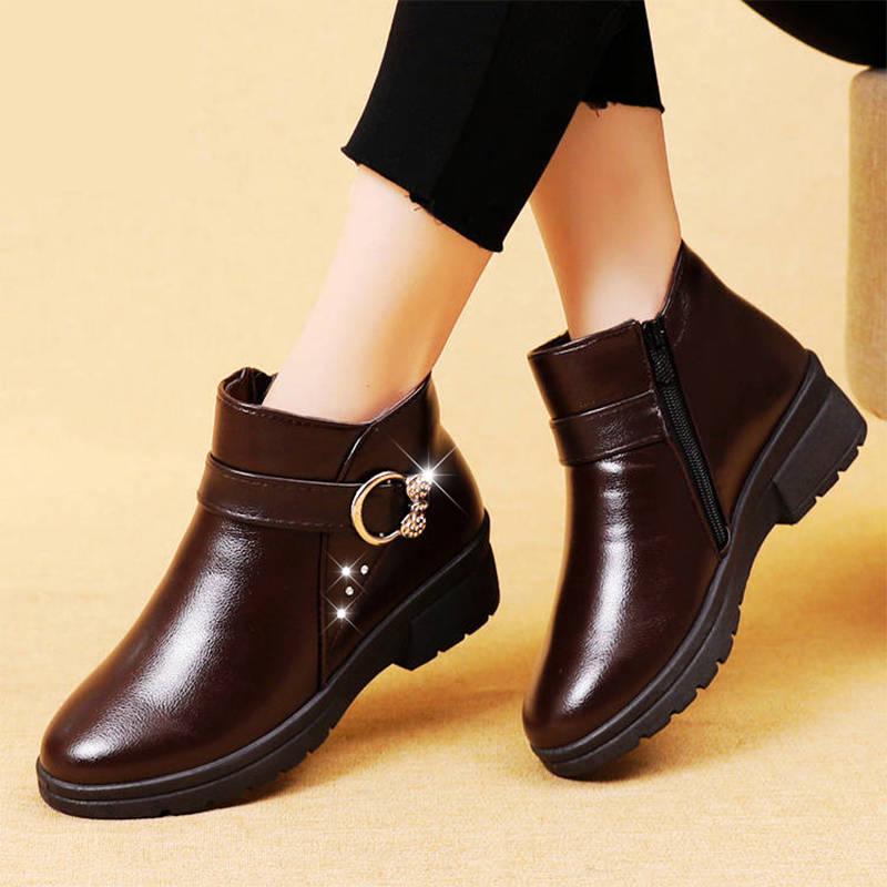 Women's Snow Boots Women Martin Boots Female Plush Leather Shoes Woman Flat Fashion Round Toe Shoes